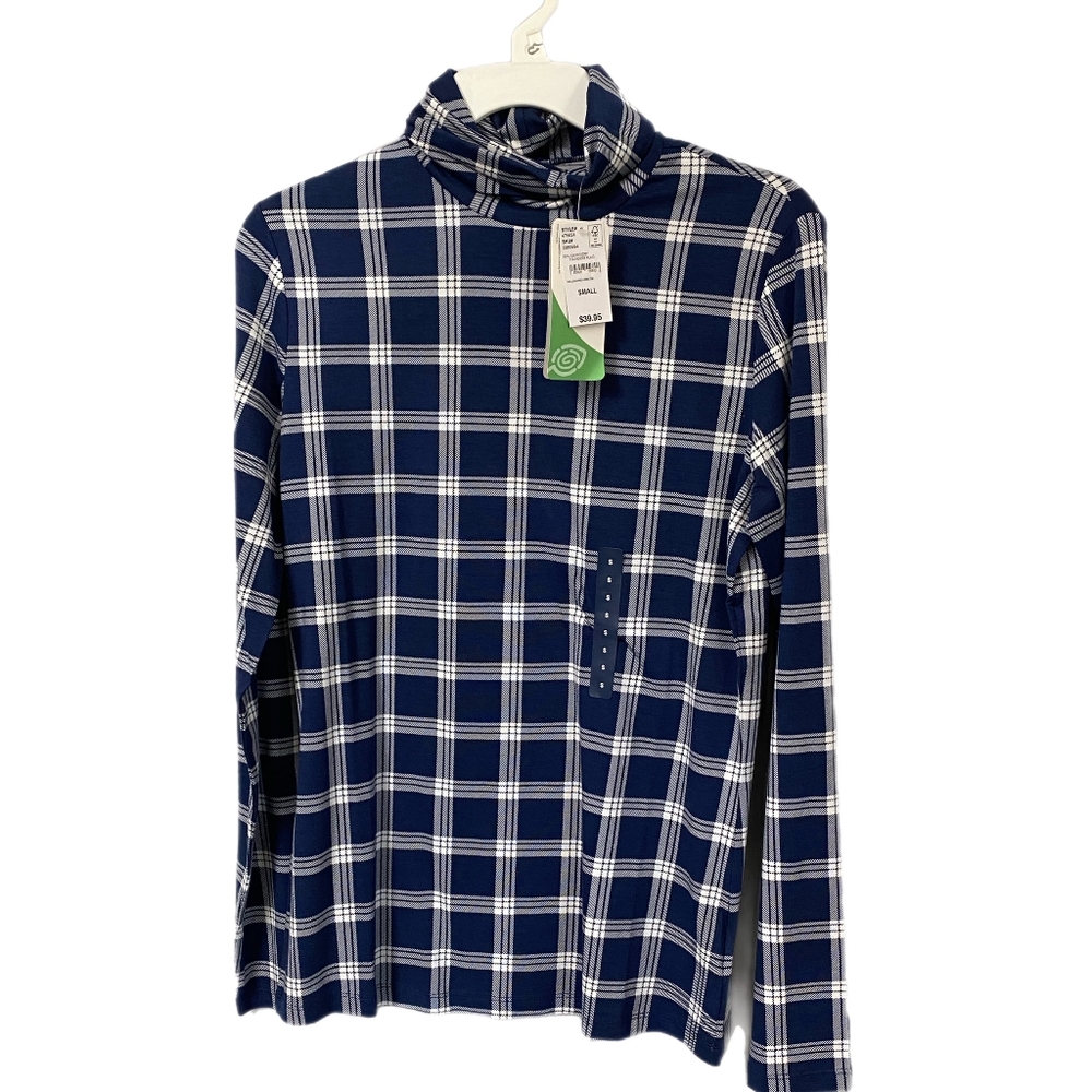 Lands End Womens Turtleneck,Blue & White Founders Plaid, SIZES XS, S, NWT